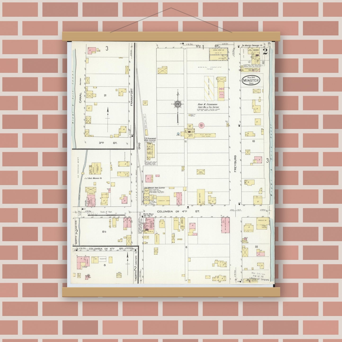 Old map wall art mockup — magnetic wood frame on brick wall — Sanborn Fire Insurance Map from Minster, Auglaize County, Ohio (1914), Sheet #0002