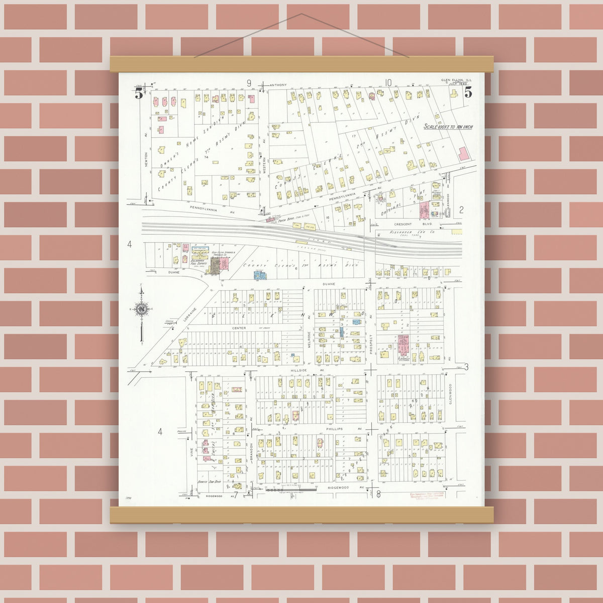 Old map wall art mockup — magnetic wood frame on brick wall — Sanborn Fire Insurance Map from Glen Ellyn, Du Page County, Illinois (1940), Sheet #0005