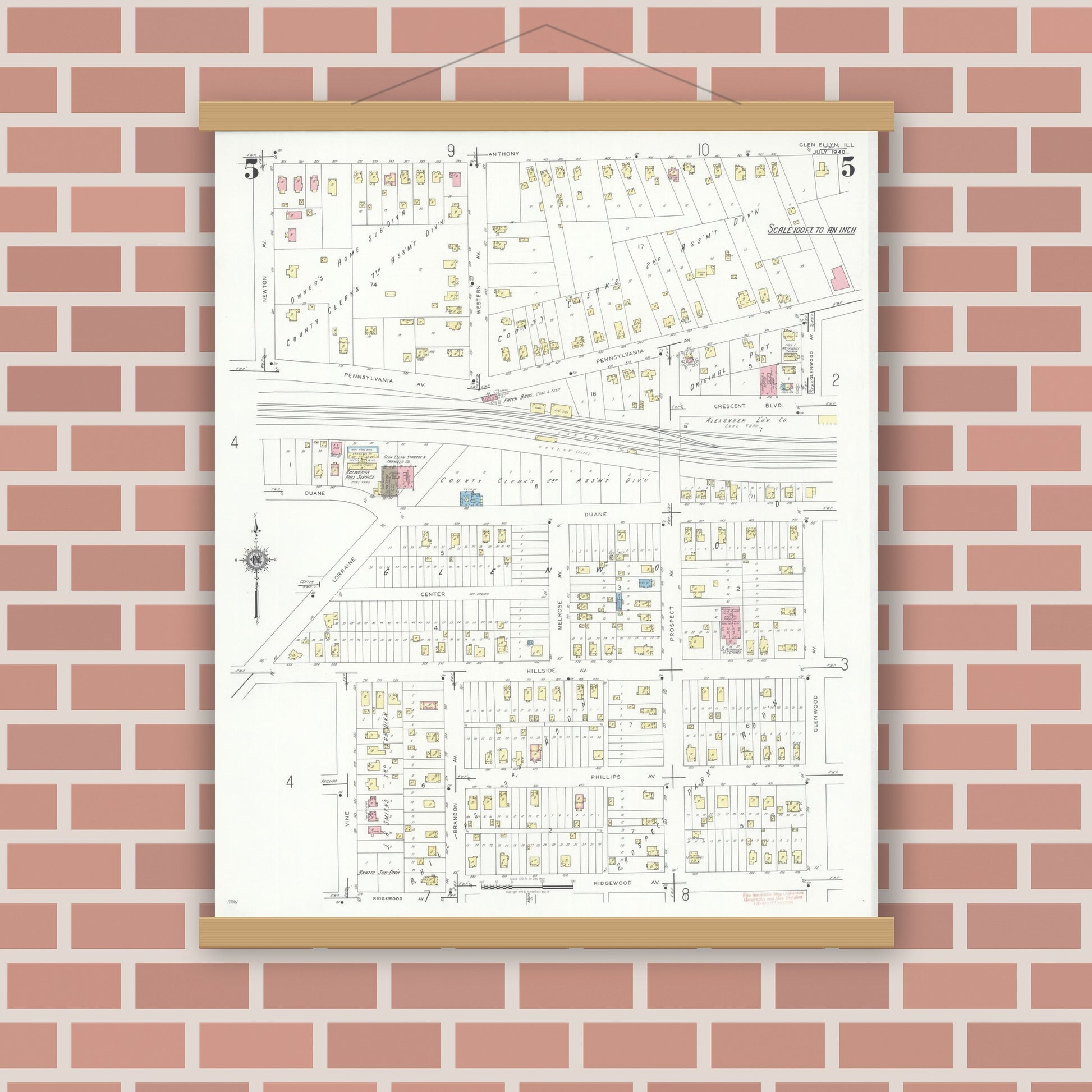Old map wall art mockup — magnetic wood frame on brick wall — Sanborn Fire Insurance Map from Glen Ellyn, Du Page County, Illinois (1940), Sheet #0005