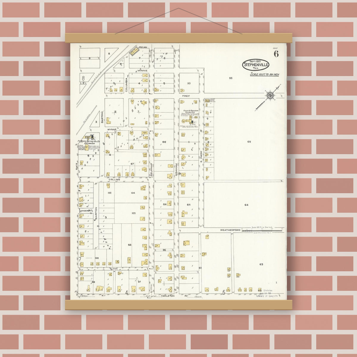 Old map wall art mockup — magnetic wood frame on brick wall — Sanborn Fire Insurance Map from Stephenville, Erath County, Texas (1921), Sheet #0006