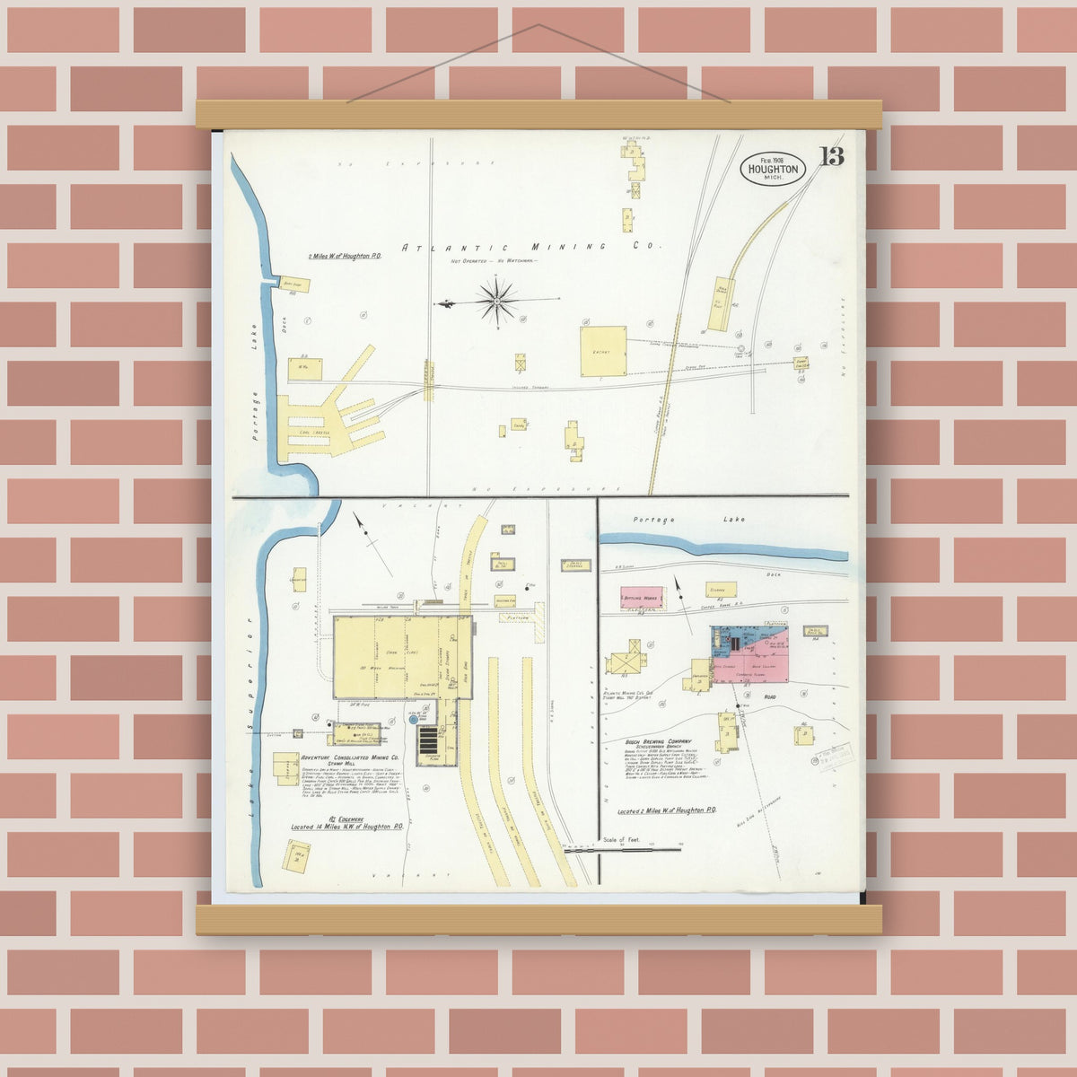 Old map wall art mockup — magnetic wood frame on brick wall — Sanborn Fire Insurance Map from Houghton, Houghton County, Michigan (1908), Sheet #0013