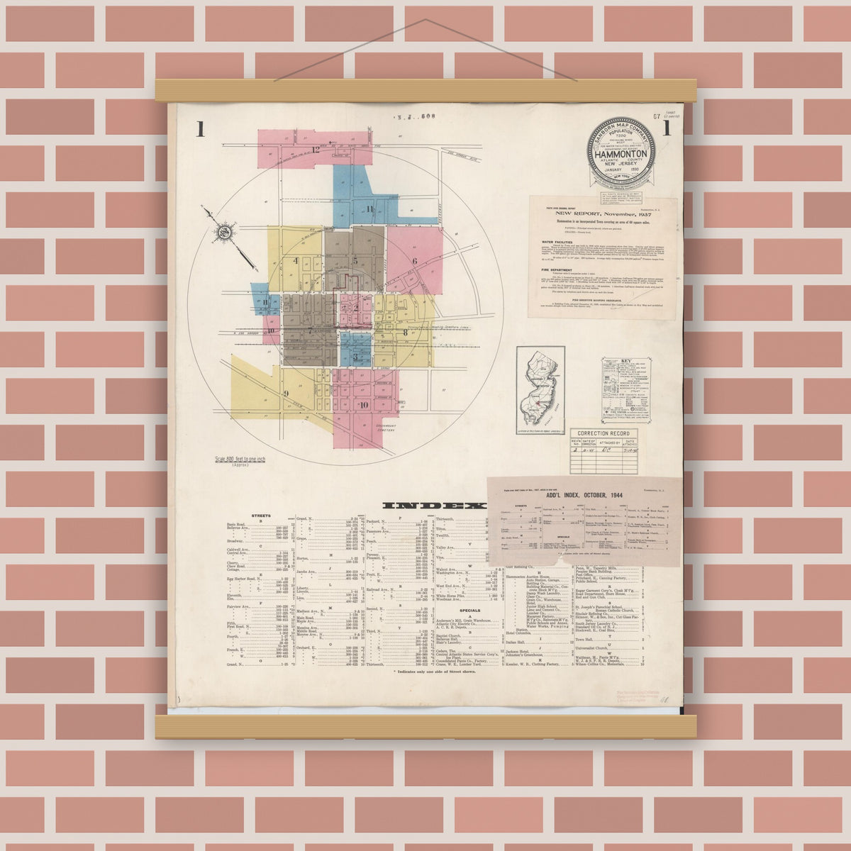Old map wall art mockup — magnetic wood frame on brick wall — Sanborn Fire Insurance Map from Hammonton, Atlantic County, New Jersey (1944), Sheet #0001