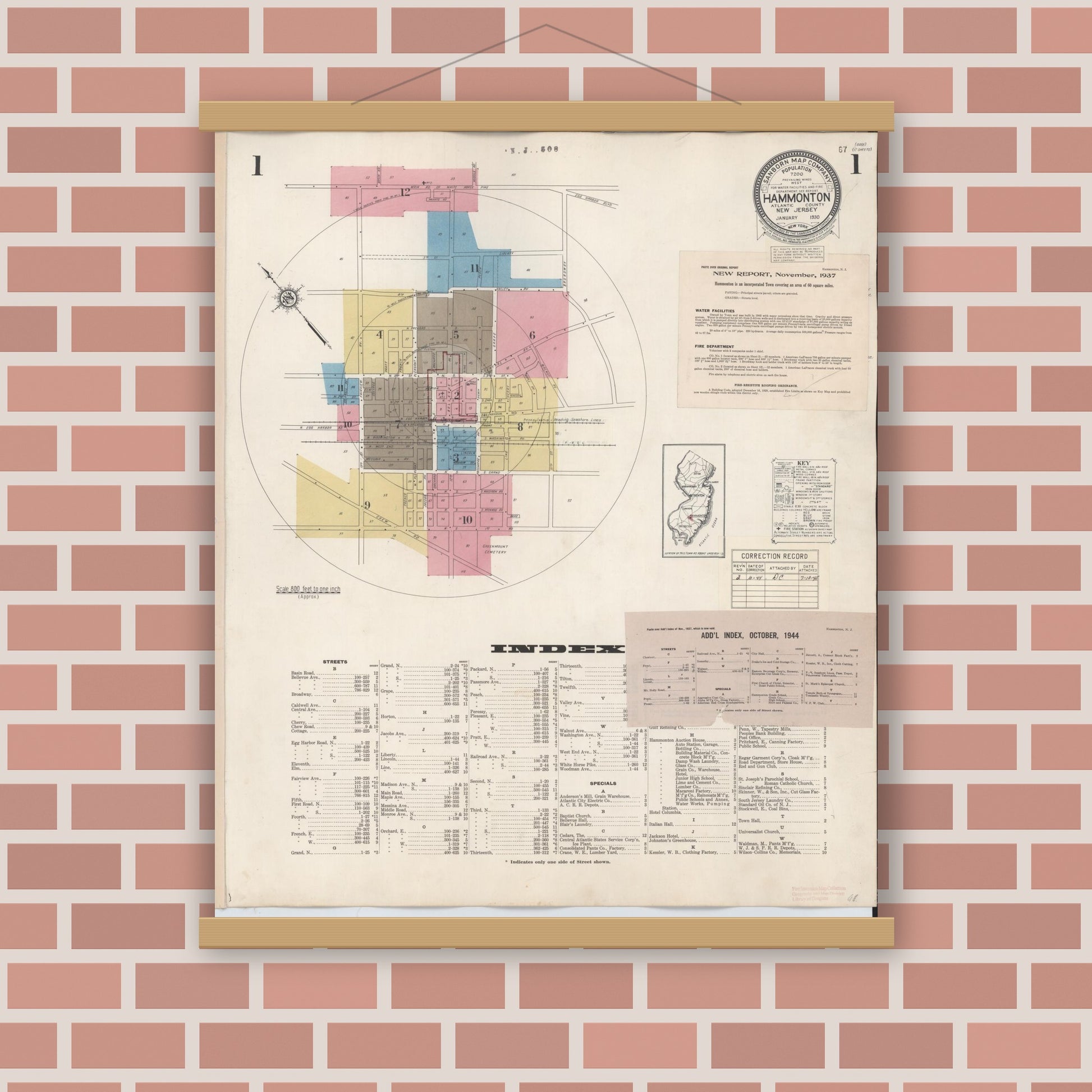 Old map wall art mockup — magnetic wood frame on brick wall — Sanborn Fire Insurance Map from Hammonton, Atlantic County, New Jersey (1944), Sheet #0001