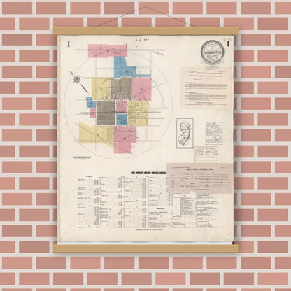Old map wall art mockup — magnetic wood frame on brick wall — Sanborn Fire Insurance Map from Hammonton, Atlantic County, New Jersey (1944), Sheet #0001