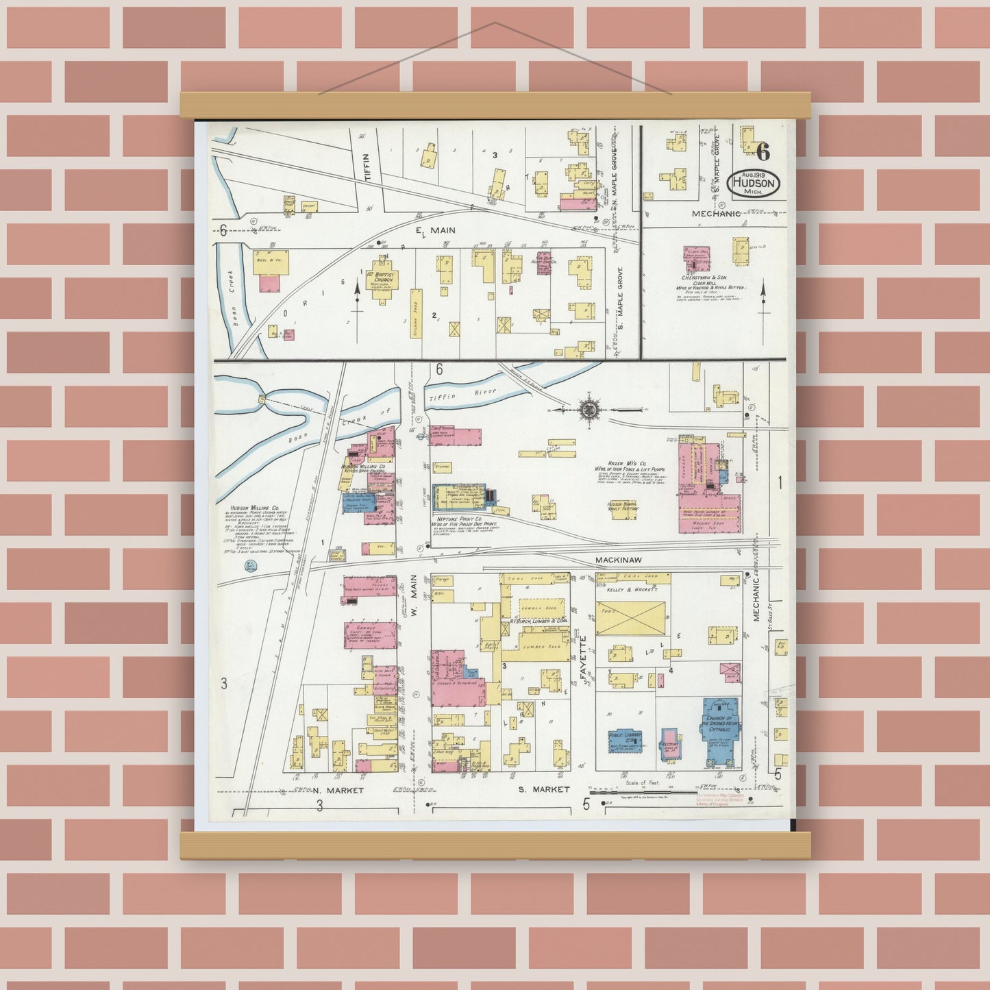Old map wall art mockup — magnetic wood frame on brick wall — Sanborn Fire Insurance Map from Hudson, Lenawee County, Michigan (1919), Sheet #0006