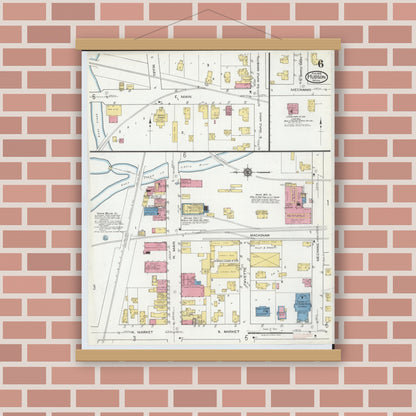 Old map wall art mockup — magnetic wood frame on brick wall — Sanborn Fire Insurance Map from Hudson, Lenawee County, Michigan (1919), Sheet #0006