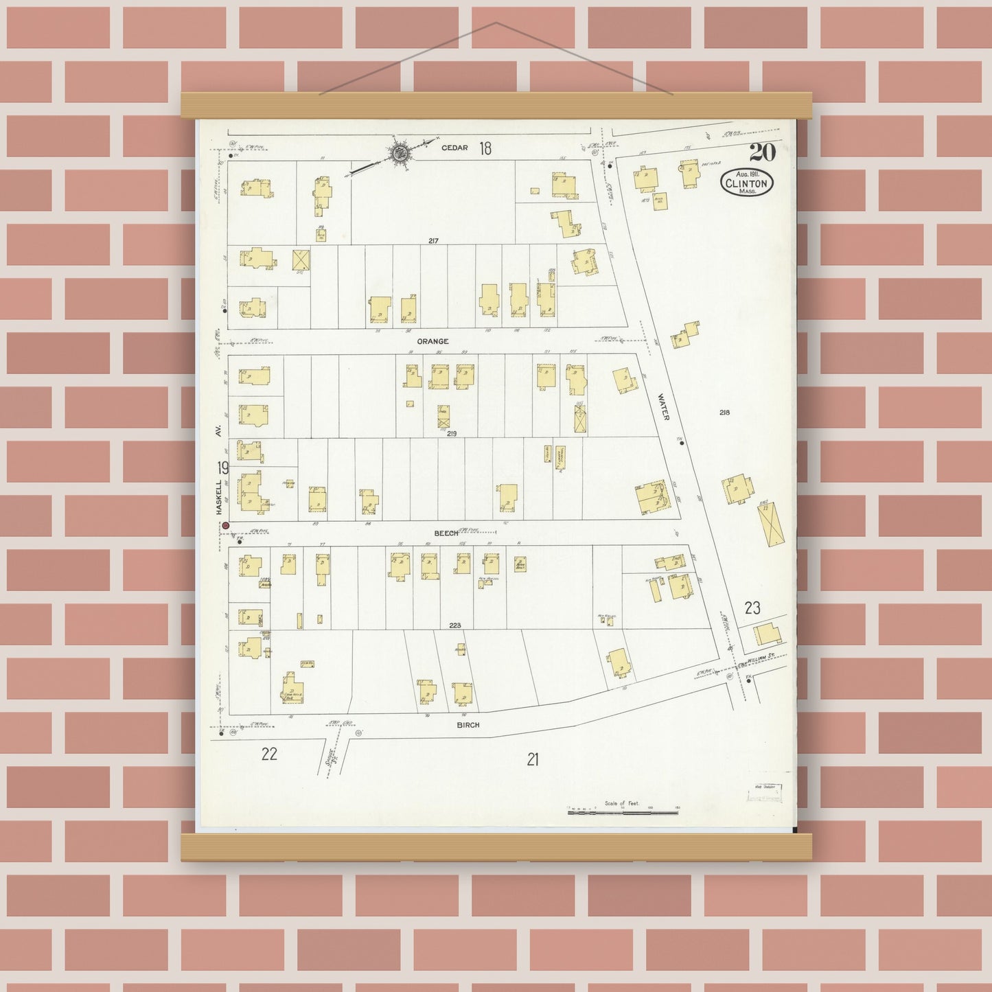 Old map wall art mockup — magnetic wood frame on brick wall — Sanborn Fire Insurance Map from Clinton, Worcester County, Massachusetts (1911), Sheet #0020