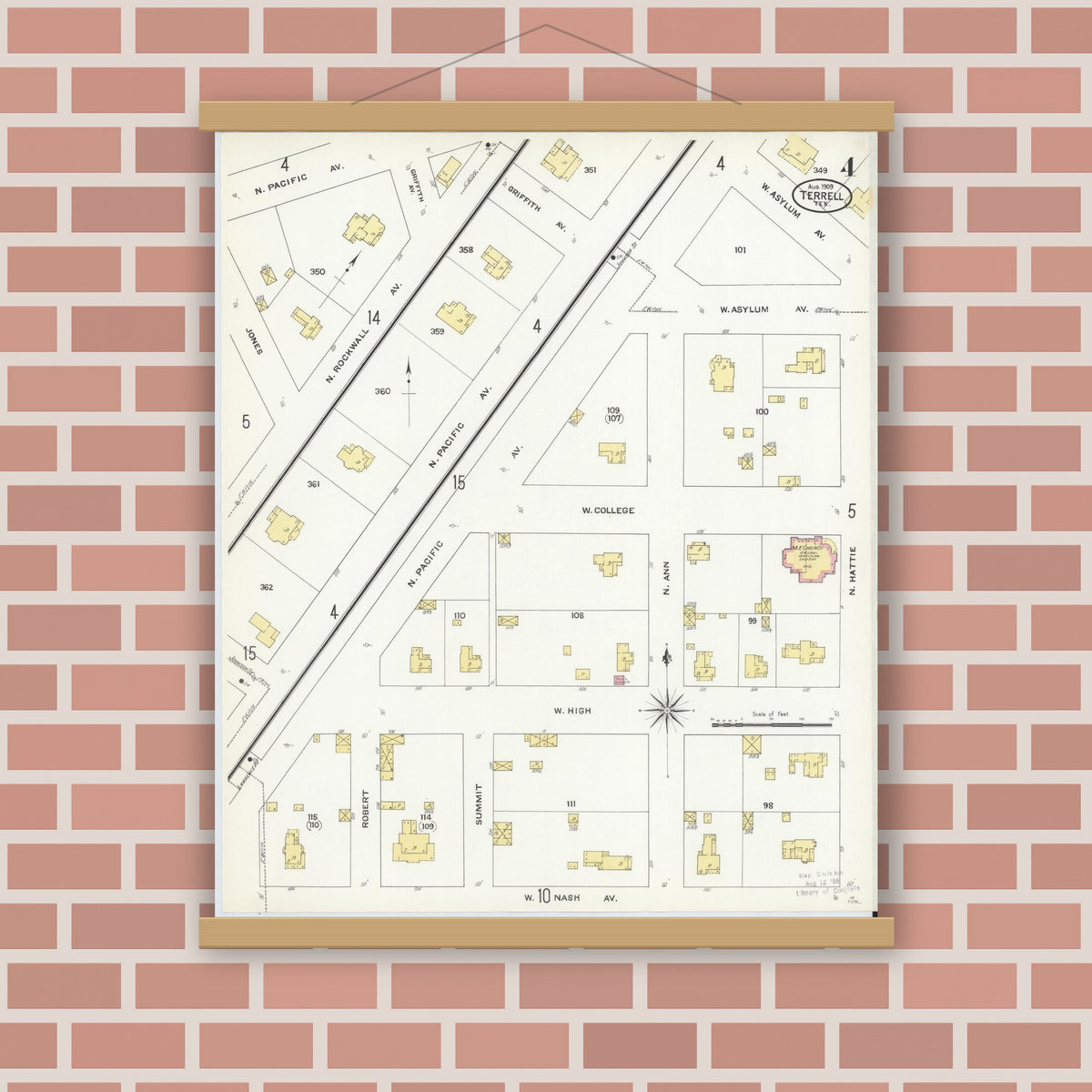 Old map wall art mockup — magnetic wood frame on brick wall — Sanborn Fire Insurance Map from Terrell, Kaufman County, Texas (1909), Sheet #0004