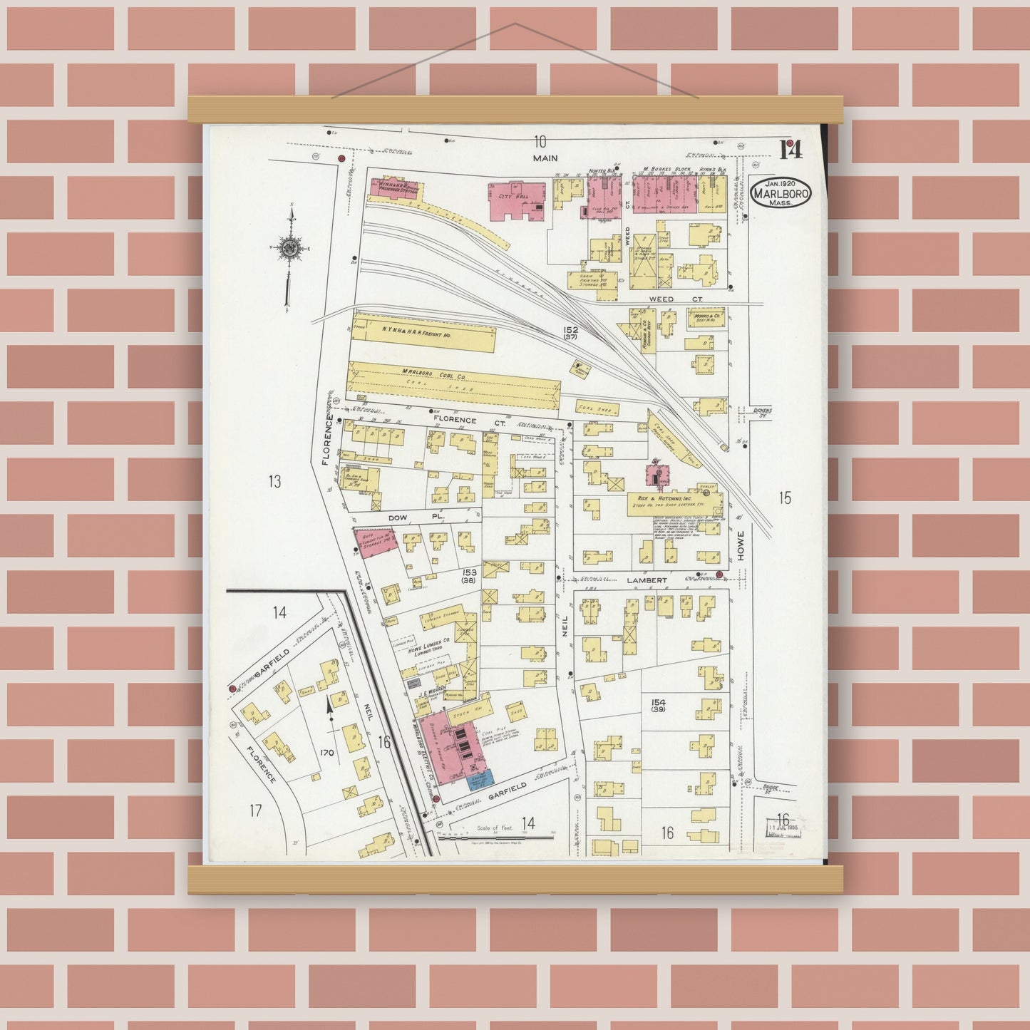 Old map wall art mockup — magnetic wood frame on brick wall — Sanborn Fire Insurance Map from Marlborough, Middlesex County, Massachusetts (1920), Sheet #0014