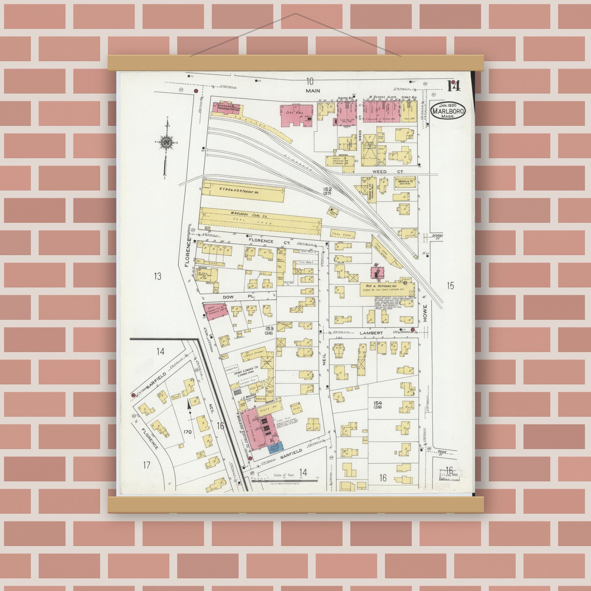 Old map wall art mockup — magnetic wood frame on brick wall — Sanborn Fire Insurance Map from Marlborough, Middlesex County, Massachusetts (1920), Sheet #0014