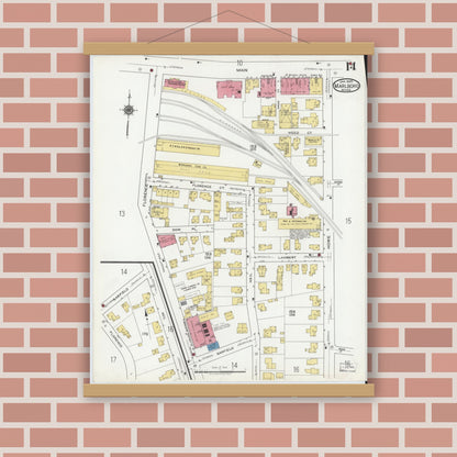 Old map wall art mockup — magnetic wood frame on brick wall — Sanborn Fire Insurance Map from Marlborough, Middlesex County, Massachusetts (1920), Sheet #0014