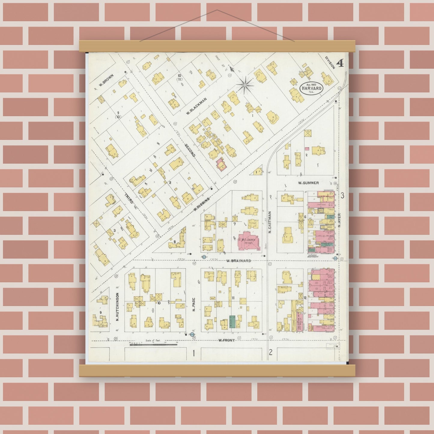 Old map wall art mockup — magnetic wood frame on brick wall — Sanborn Fire Insurance Map from Harvard, McHenry County, Illinois (1902), Sheet #0004