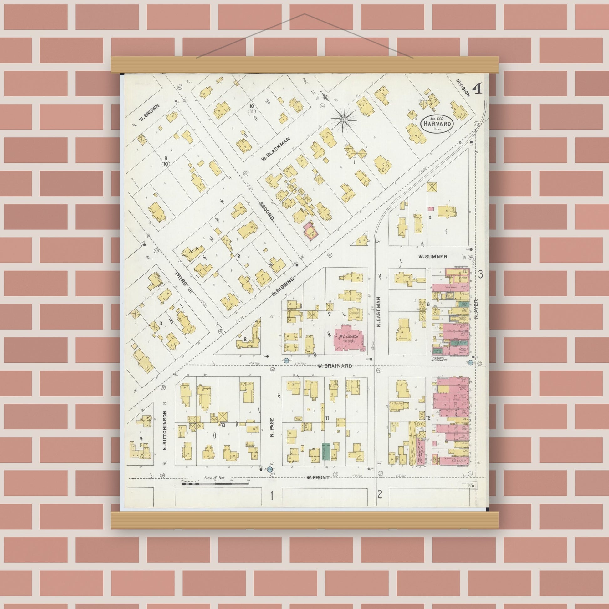 Old map wall art mockup — magnetic wood frame on brick wall — Sanborn Fire Insurance Map from Harvard, McHenry County, Illinois (1902), Sheet #0004