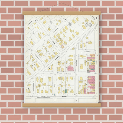 Old map wall art mockup — magnetic wood frame on brick wall — Sanborn Fire Insurance Map from Harvard, McHenry County, Illinois (1902), Sheet #0004
