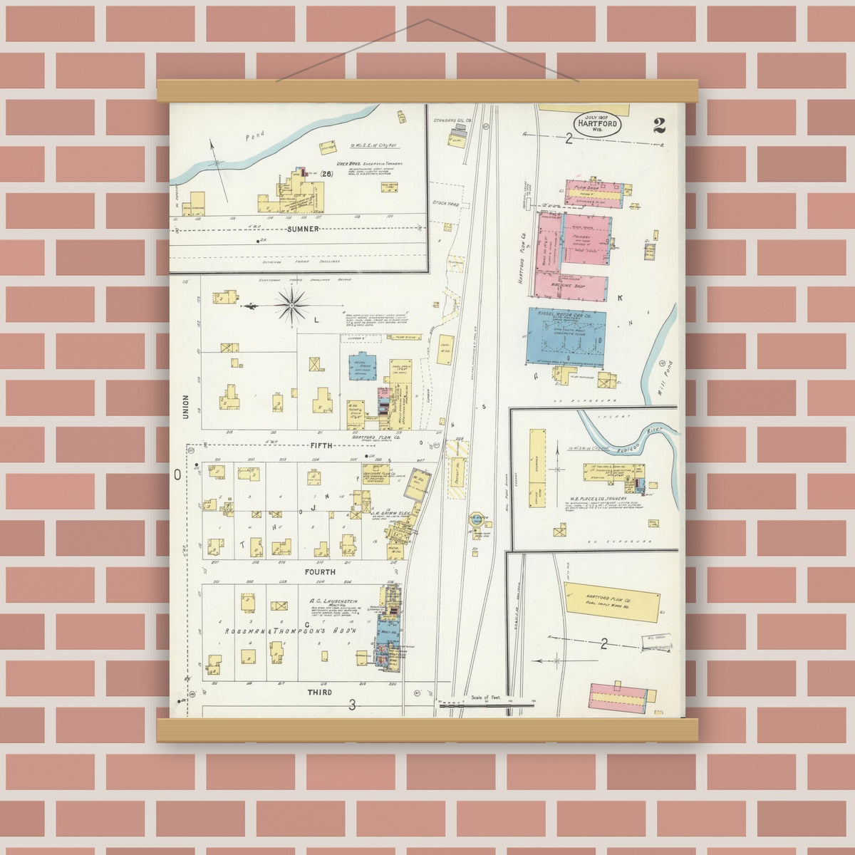 Old map wall art mockup — magnetic wood frame on brick wall — Sanborn Fire Insurance Map from Hartford, Washington County, Wisconsin (1907), Sheet #0002