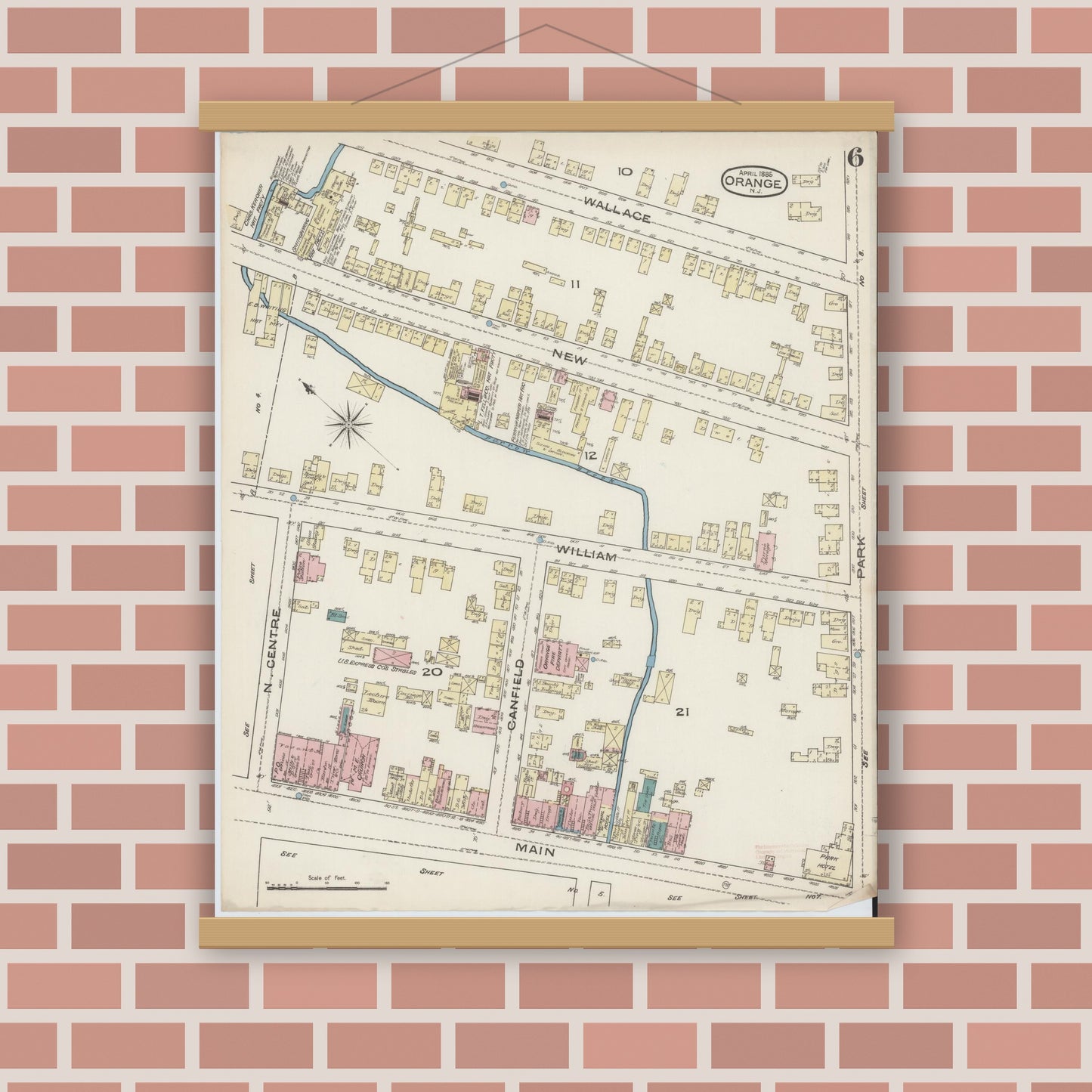 Old map wall art mockup — magnetic wood frame on brick wall — Sanborn Fire Insurance Map from Orange, Essex County, New Jersey (1885), Sheet #0006