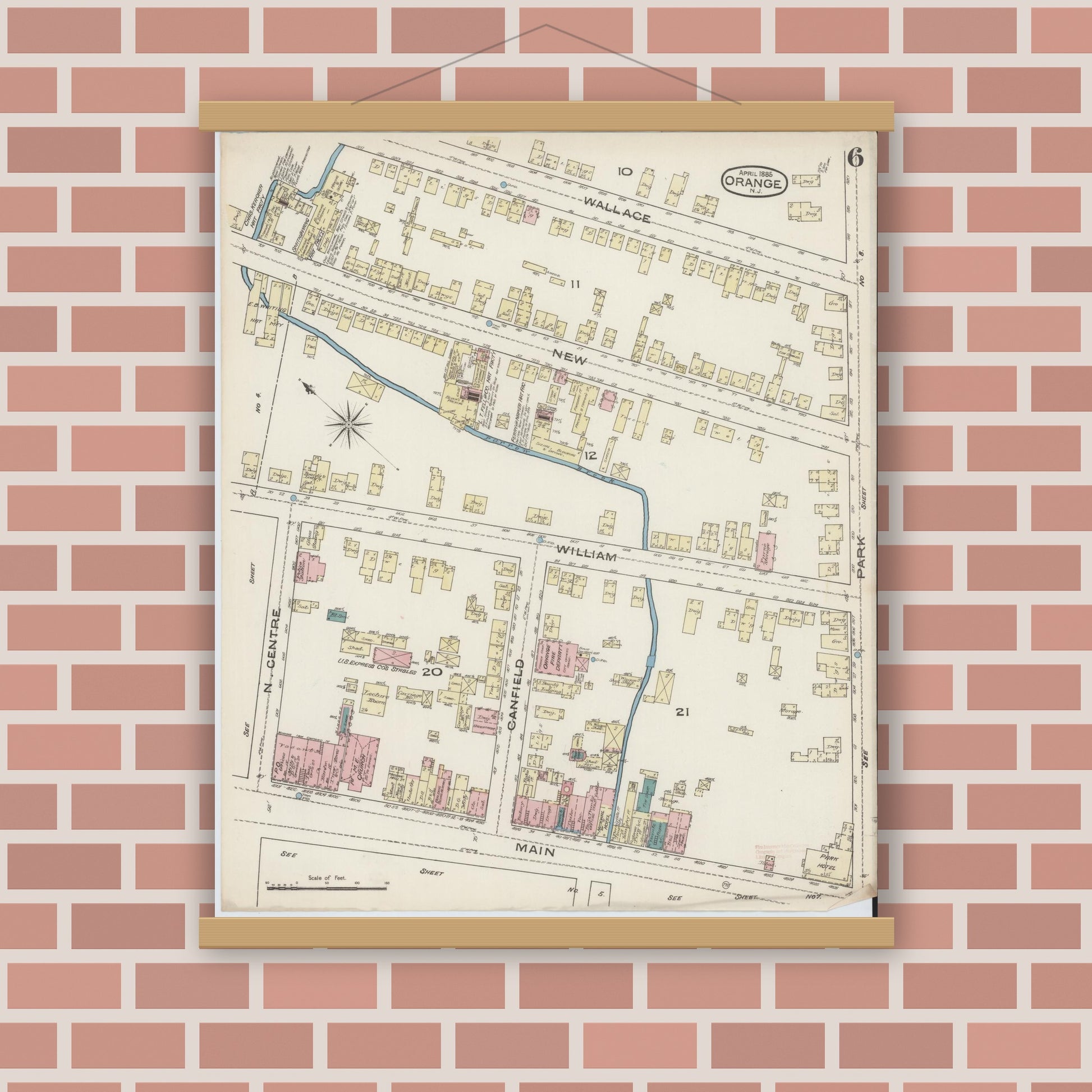 Old map wall art mockup — magnetic wood frame on brick wall — Sanborn Fire Insurance Map from Orange, Essex County, New Jersey (1885), Sheet #0006