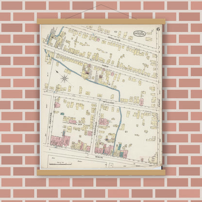 Old map wall art mockup — magnetic wood frame on brick wall — Sanborn Fire Insurance Map from Orange, Essex County, New Jersey (1885), Sheet #0006