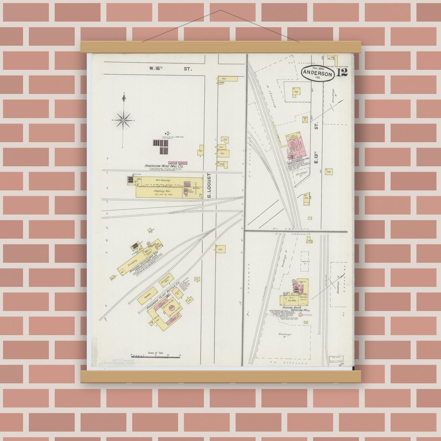 Old map wall art mockup — magnetic wood frame on brick wall — Sanborn Fire Insurance Map from Anderson, Madison County, Indiana (1890), Sheet #0012