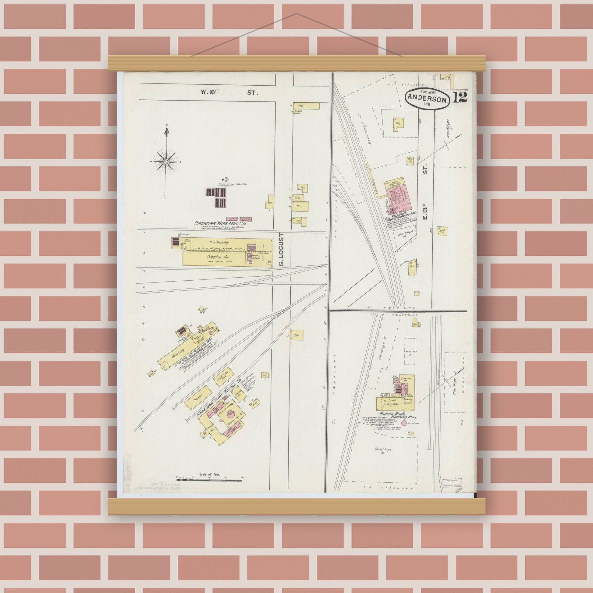 Old map wall art mockup — magnetic wood frame on brick wall — Sanborn Fire Insurance Map from Anderson, Madison County, Indiana (1890), Sheet #0012