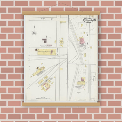 Old map wall art mockup — magnetic wood frame on brick wall — Sanborn Fire Insurance Map from Anderson, Madison County, Indiana (1890), Sheet #0012