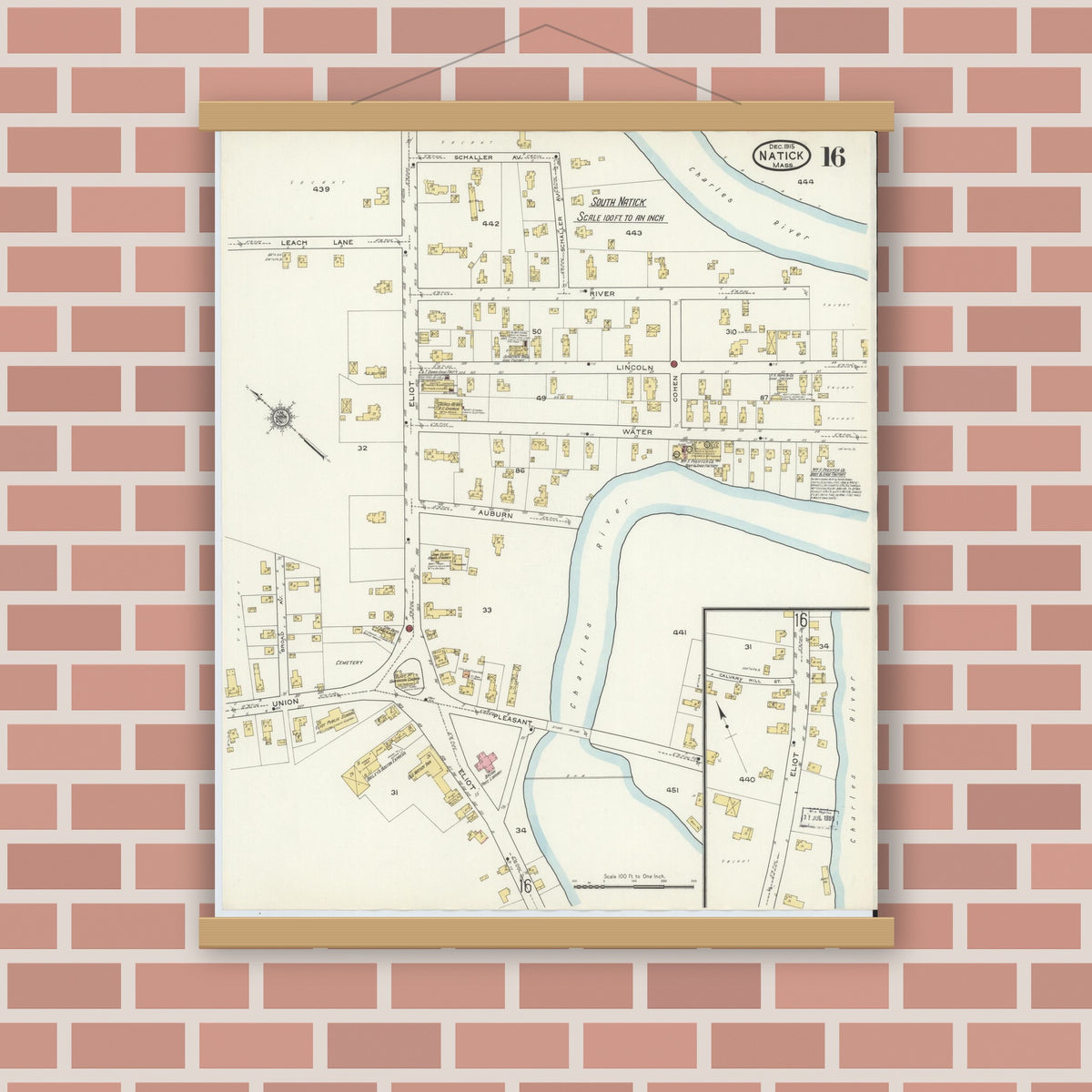 Old map wall art mockup — magnetic wood frame on brick wall — Sanborn Fire Insurance Map from Natick, Middlesex County, Massachusetts (1915), Sheet #0016