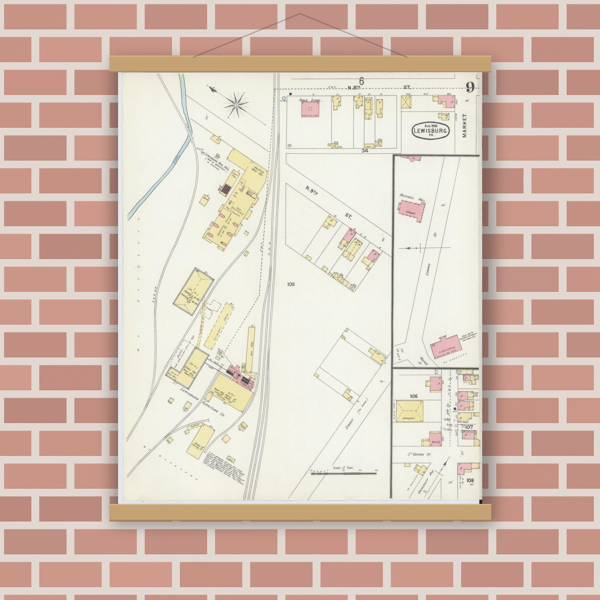 Old map wall art mockup — magnetic wood frame on brick wall — Sanborn Fire Insurance Map from Lewisburg, Union County, Pennsylvania (1896), Sheet #0009