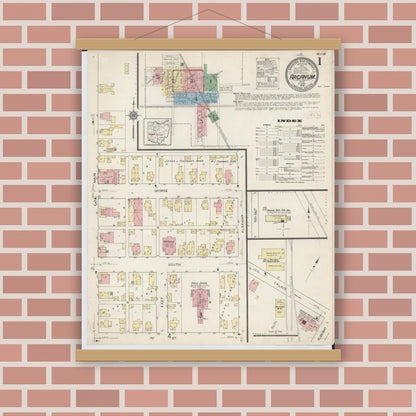 Old map wall art mockup — magnetic wood frame on brick wall — Sanborn Fire Insurance Map from Arcanum, Darke County, Ohio (1914) - Complete Map Set
