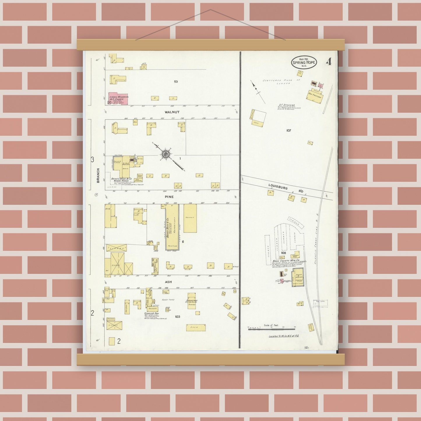 Old map wall art mockup — magnetic wood frame on brick wall — Sanborn Fire Insurance Map from Spring Hope, Nash County, North Carolina (1911), Sheet #0004