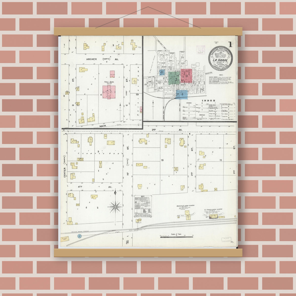Old map wall art mockup — magnetic wood frame on brick wall — Sanborn Fire Insurance Map from La Harpe, Hancock County, Illinois (1906) - Complete Map Set