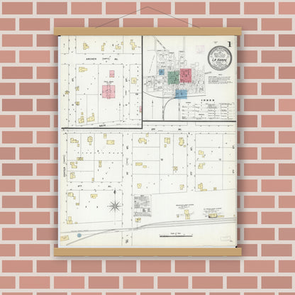 Old map wall art mockup — magnetic wood frame on brick wall — Sanborn Fire Insurance Map from La Harpe, Hancock County, Illinois (1906) - Complete Map Set
