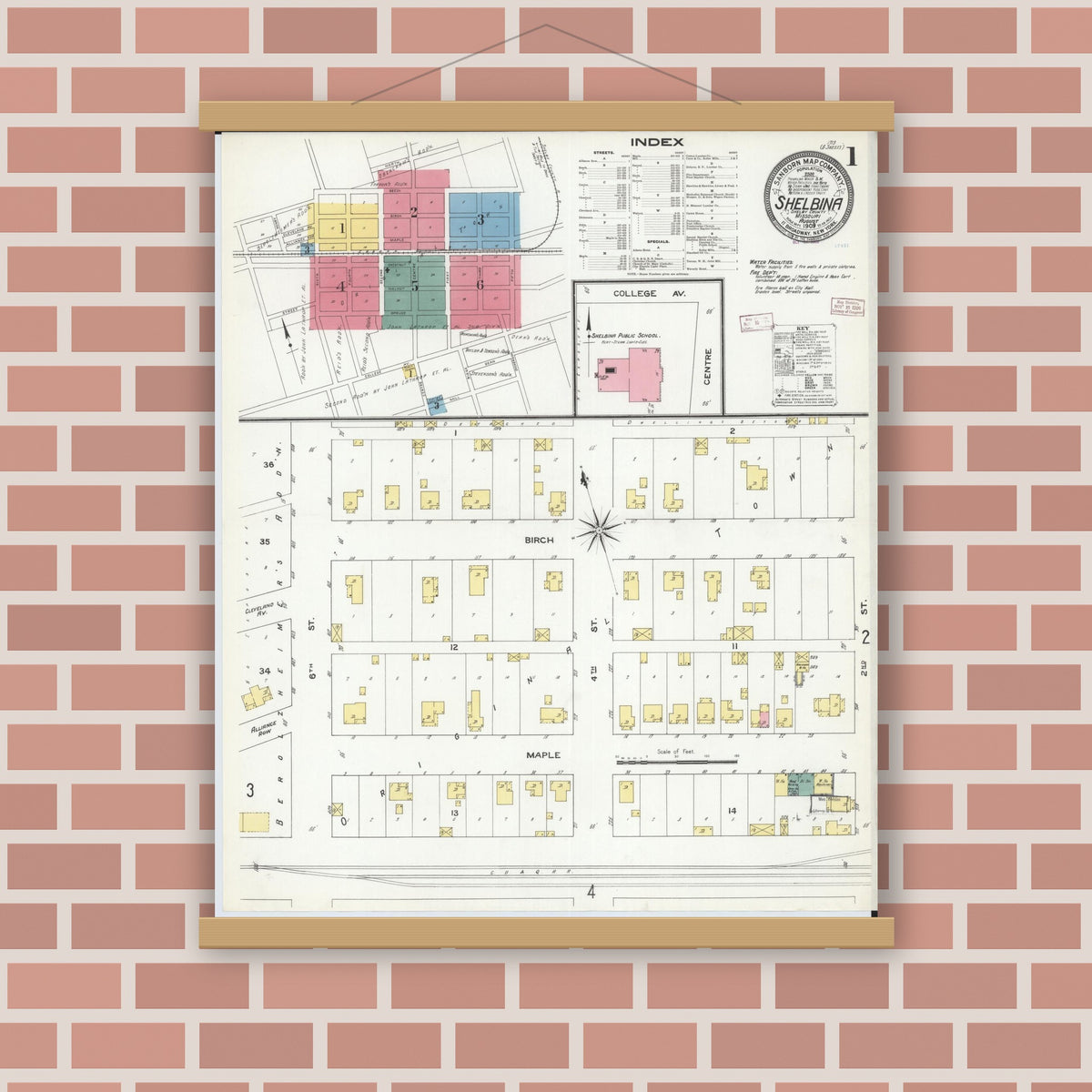 Old map wall art mockup — magnetic wood frame on brick wall — Sanborn Fire Insurance Map from Shelbina, Shelby County, Missouri (1909) - Complete Map Set