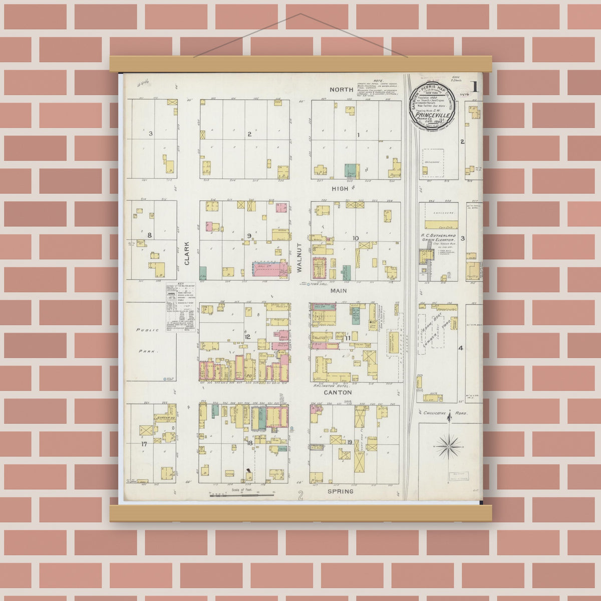 Old map wall art mockup — magnetic wood frame on brick wall — Sanborn Fire Insurance Map from Princeville, Peoria County, Illinois (1893), Sheet #0001