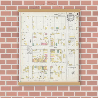Old map wall art mockup — magnetic wood frame on brick wall — Sanborn Fire Insurance Map from Princeville, Peoria County, Illinois (1893), Sheet #0001