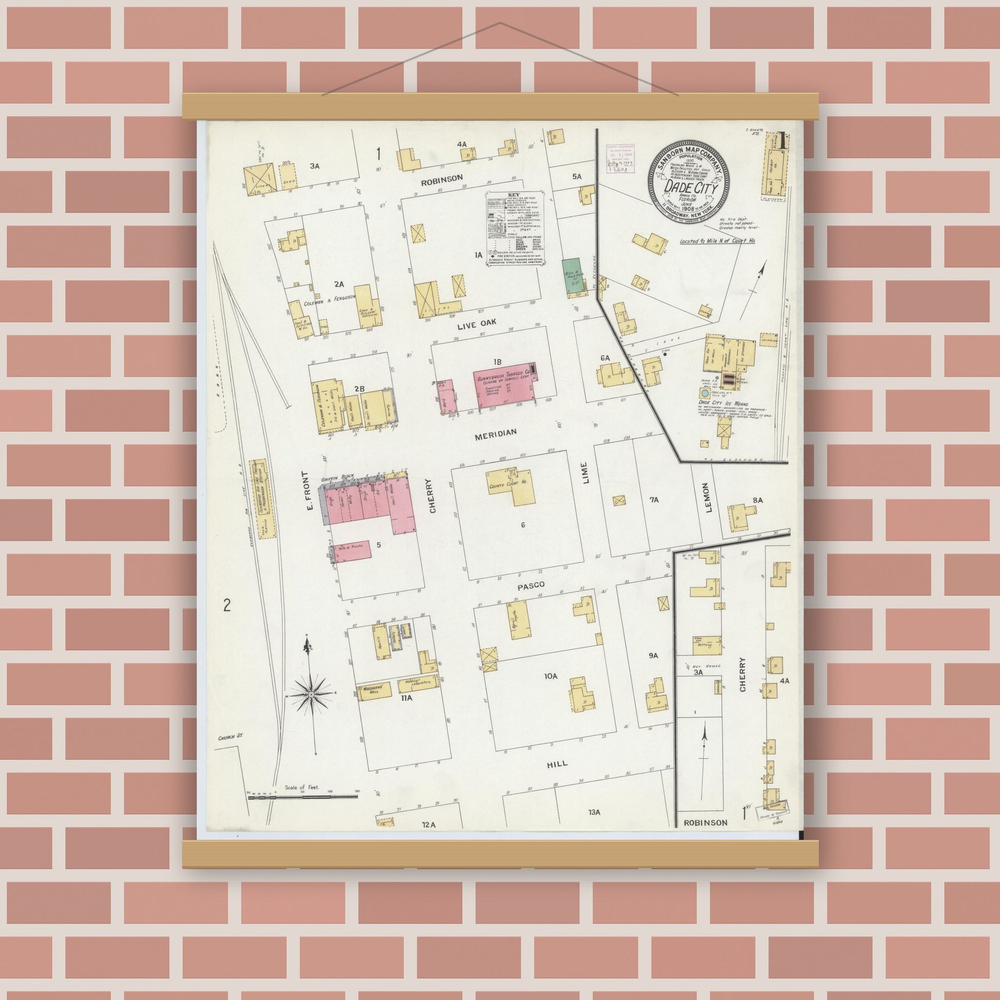 Old map wall art mockup — magnetic wood frame on brick wall — Sanborn Fire Insurance Map from Dade City, Pasco County, Florida (1908) - Complete Map Set