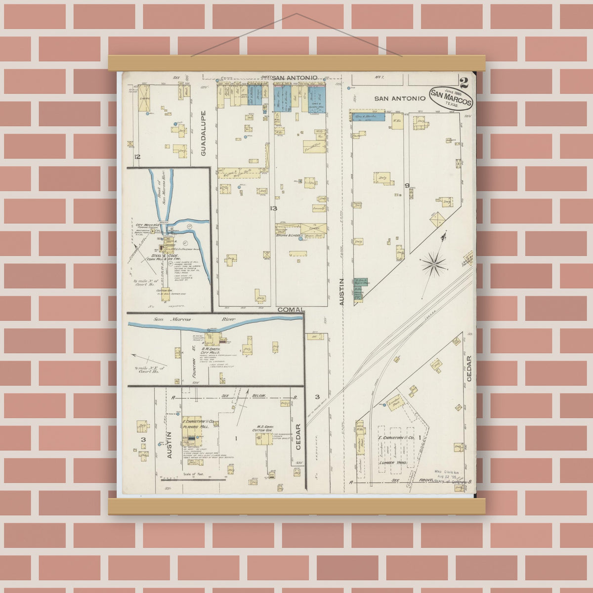 Old map wall art mockup — magnetic wood frame on brick wall — Sanborn Fire Insurance Map from San Marcos, Hays County, Texas (1885), Sheet #0002