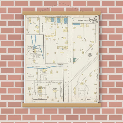 Old map wall art mockup — magnetic wood frame on brick wall — Sanborn Fire Insurance Map from San Marcos, Hays County, Texas (1885), Sheet #0002