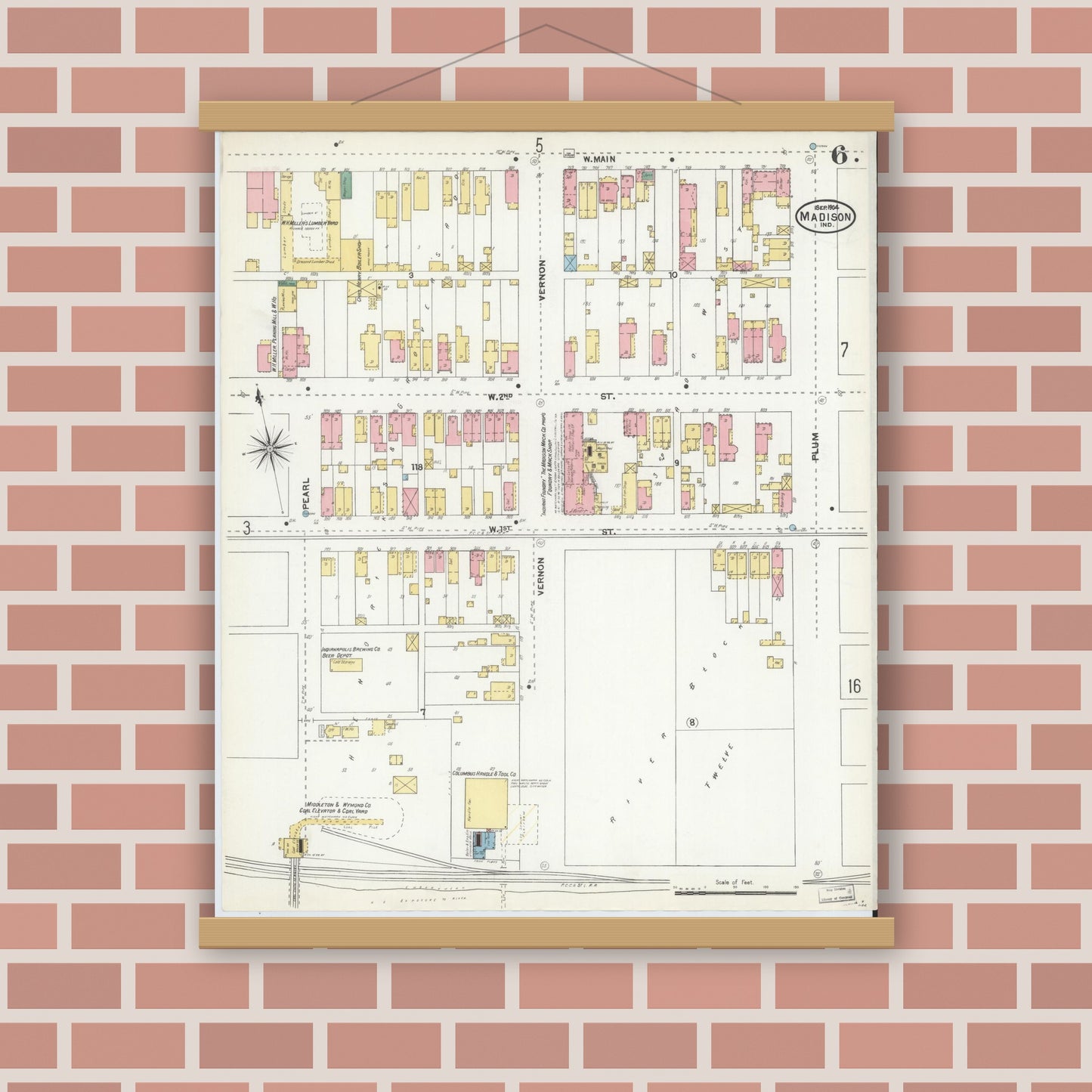 Old map wall art mockup — magnetic wood frame on brick wall — Sanborn Fire Insurance Map from Madison, Jefferson County, Indiana (1904), Sheet #0006