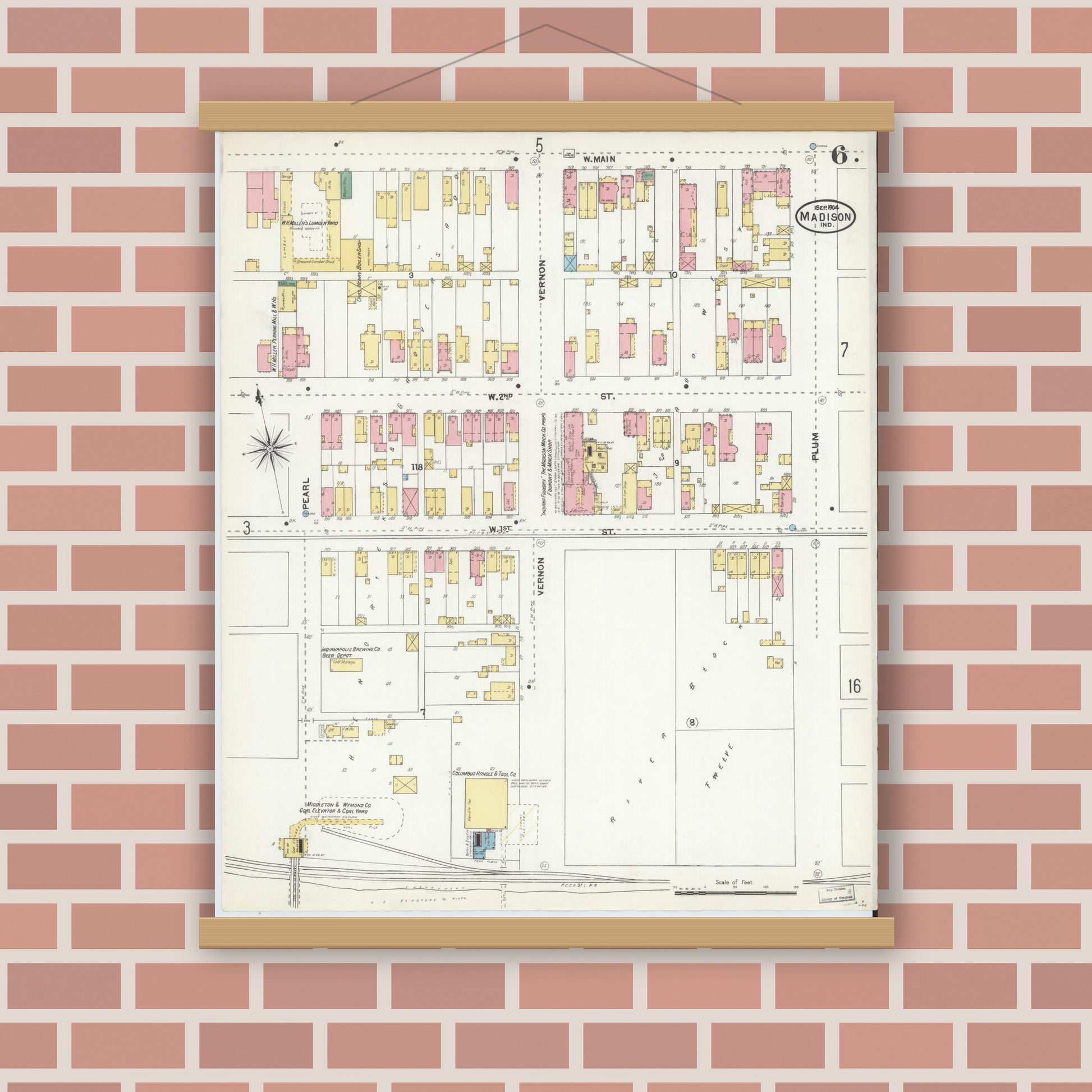 Old map wall art mockup — magnetic wood frame on brick wall — Sanborn Fire Insurance Map from Madison, Jefferson County, Indiana (1904), Sheet #0006