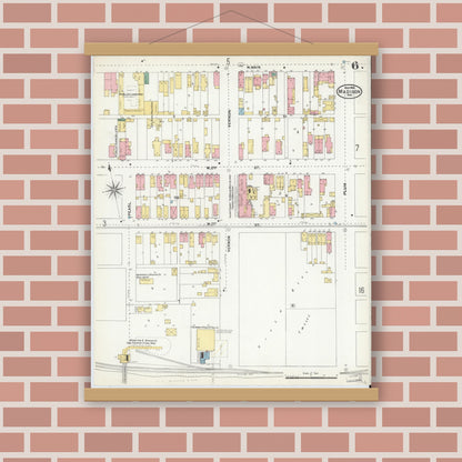 Old map wall art mockup — magnetic wood frame on brick wall — Sanborn Fire Insurance Map from Madison, Jefferson County, Indiana (1904), Sheet #0006