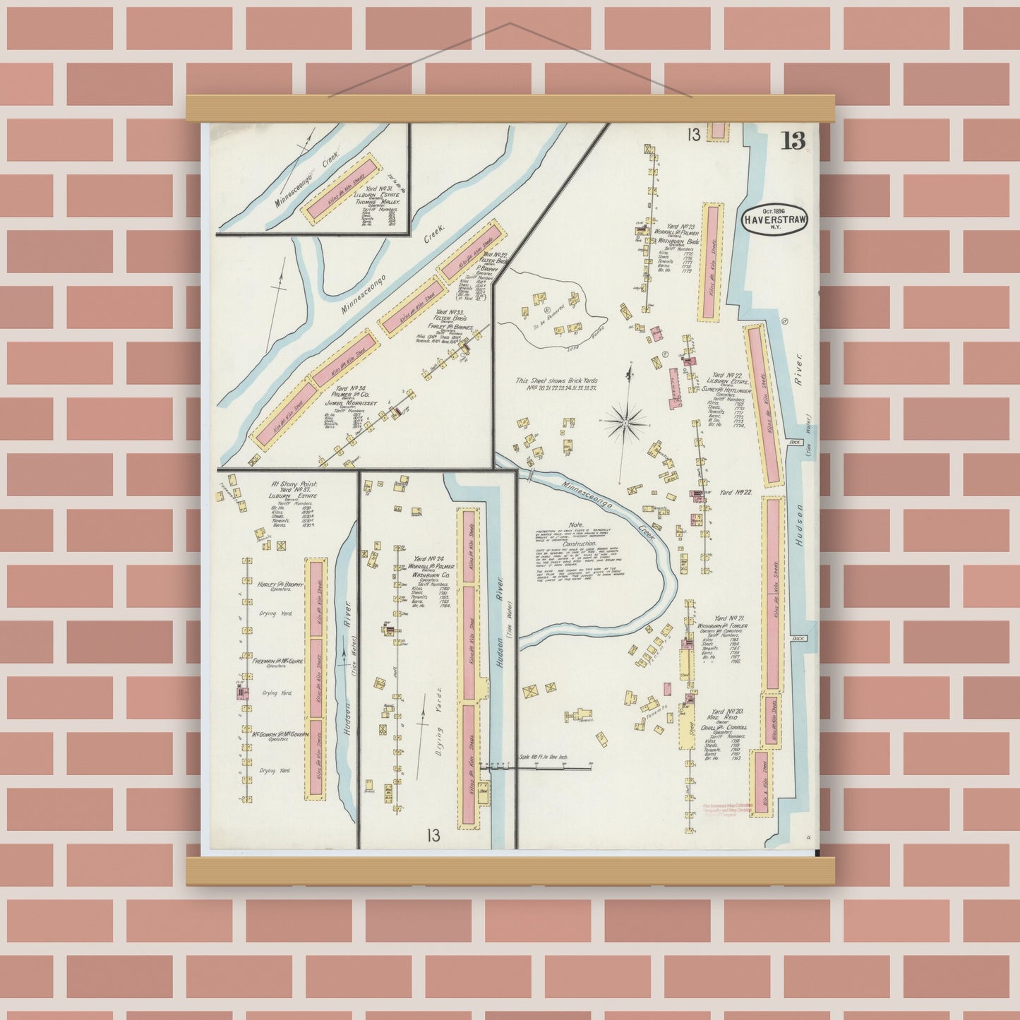 Old map wall art mockup — magnetic wood frame on brick wall — Sanborn Fire Insurance Map from Haverstraw, Rockland County, New York (1896), Sheet #0013