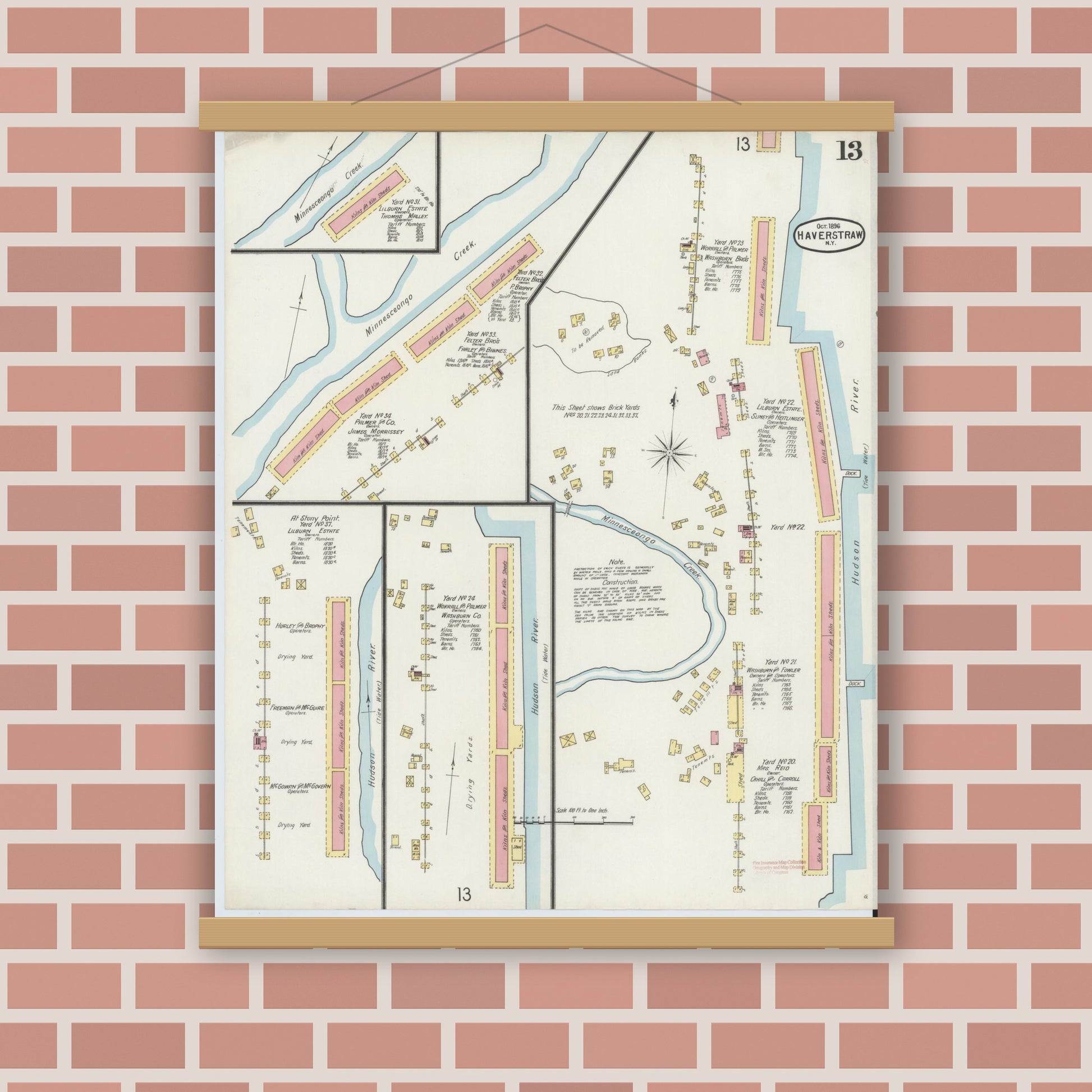 Old map wall art mockup — magnetic wood frame on brick wall — Sanborn Fire Insurance Map from Haverstraw, Rockland County, New York (1896), Sheet #0013