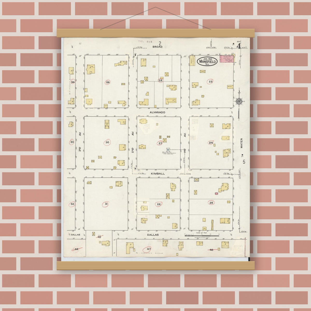 Old map wall art mockup — magnetic wood frame on brick wall — Sanborn Fire Insurance Map from Mansfield, Tarrant County, Texas (1933), Sheet #0004