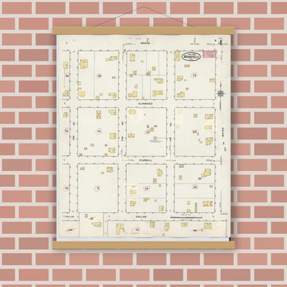 Old map wall art mockup — magnetic wood frame on brick wall — Sanborn Fire Insurance Map from Mansfield, Tarrant County, Texas (1933), Sheet #0004