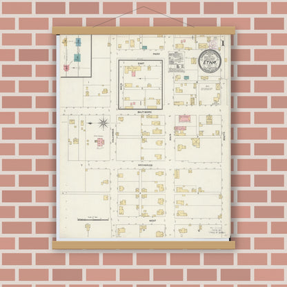 Old map wall art mockup — magnetic wood frame on brick wall — Sanborn Fire Insurance Map from Etna, Luking County, Ohio (1905), Sheet #0001