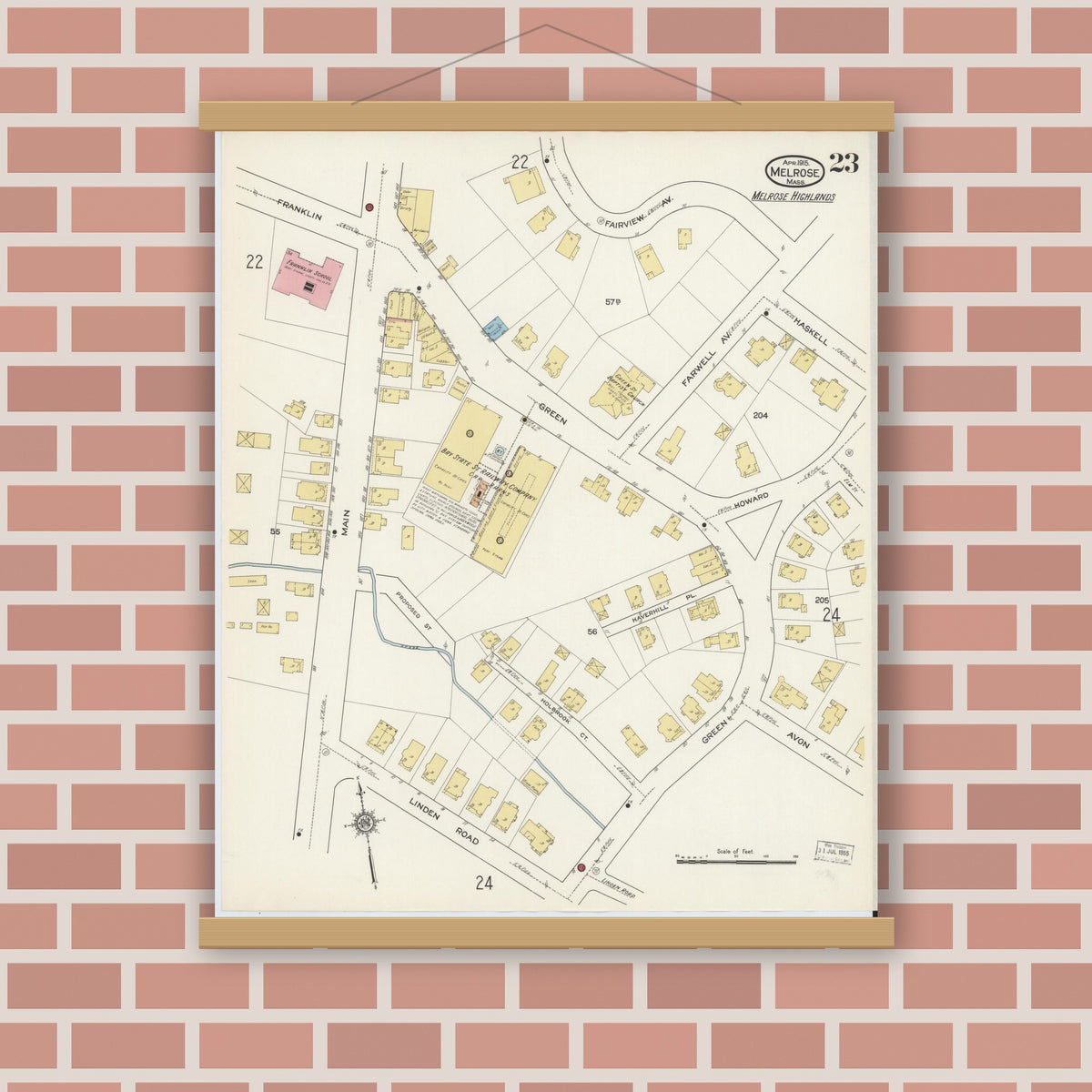 Old map wall art mockup — magnetic wood frame on brick wall — Sanborn Fire Insurance Map from Melrose, Middlesex County, Massachusetts (1915), Sheet #0023