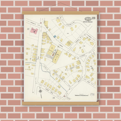 Old map wall art mockup — magnetic wood frame on brick wall — Sanborn Fire Insurance Map from Melrose, Middlesex County, Massachusetts (1915), Sheet #0023