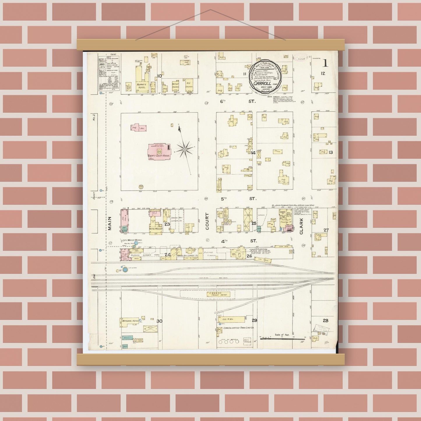 Old map wall art mockup — magnetic wood frame on brick wall — Sanborn Fire Insurance Map from Carroll, Carroll County, Iowa (1889) â€” Complete Set