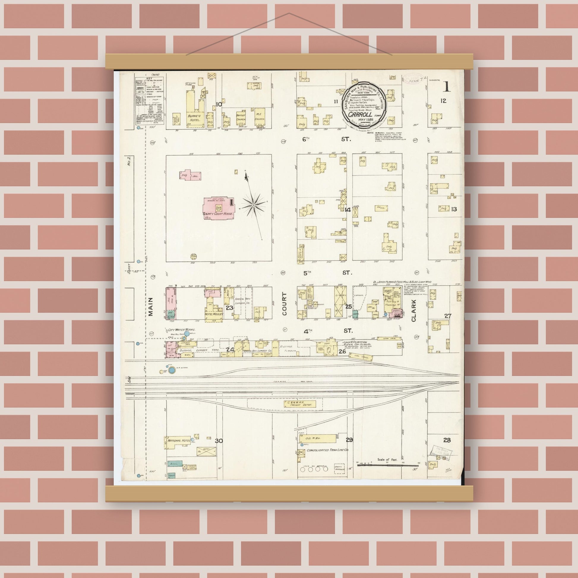 Old map wall art mockup — magnetic wood frame on brick wall — Sanborn Fire Insurance Map from Carroll, Carroll County, Iowa (1889) â€” Complete Set