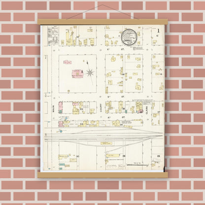 Old map wall art mockup — magnetic wood frame on brick wall — Sanborn Fire Insurance Map from Carroll, Carroll County, Iowa (1889) â€” Complete Set